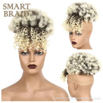 Afro Puff Drawstring Ponytail Bun with Bangs Short Afro Kinky Curly Hairpieces Clips in Pineapple Updo Hair Extensions for Women